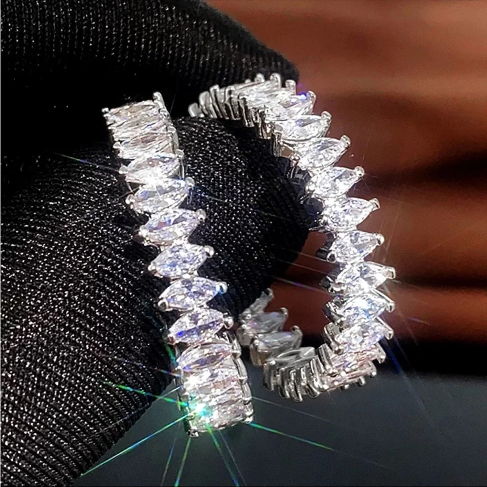 New 925 Silver Fashion Hoop Brilliant Micro Paved Marquise Zirconia Earrings - Picture 3 of 6